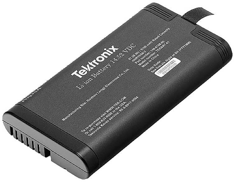 Black Tektronix Li-Ion battery with technical specifications printed on the surface, including a voltage of 14.8 VDC.