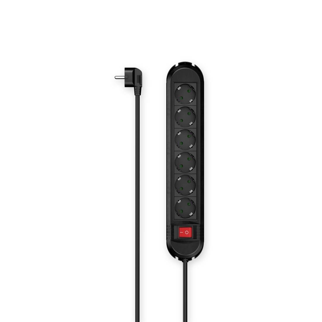 Black power strip with rocker switch and six sockets. Connected cable with plug on the left.