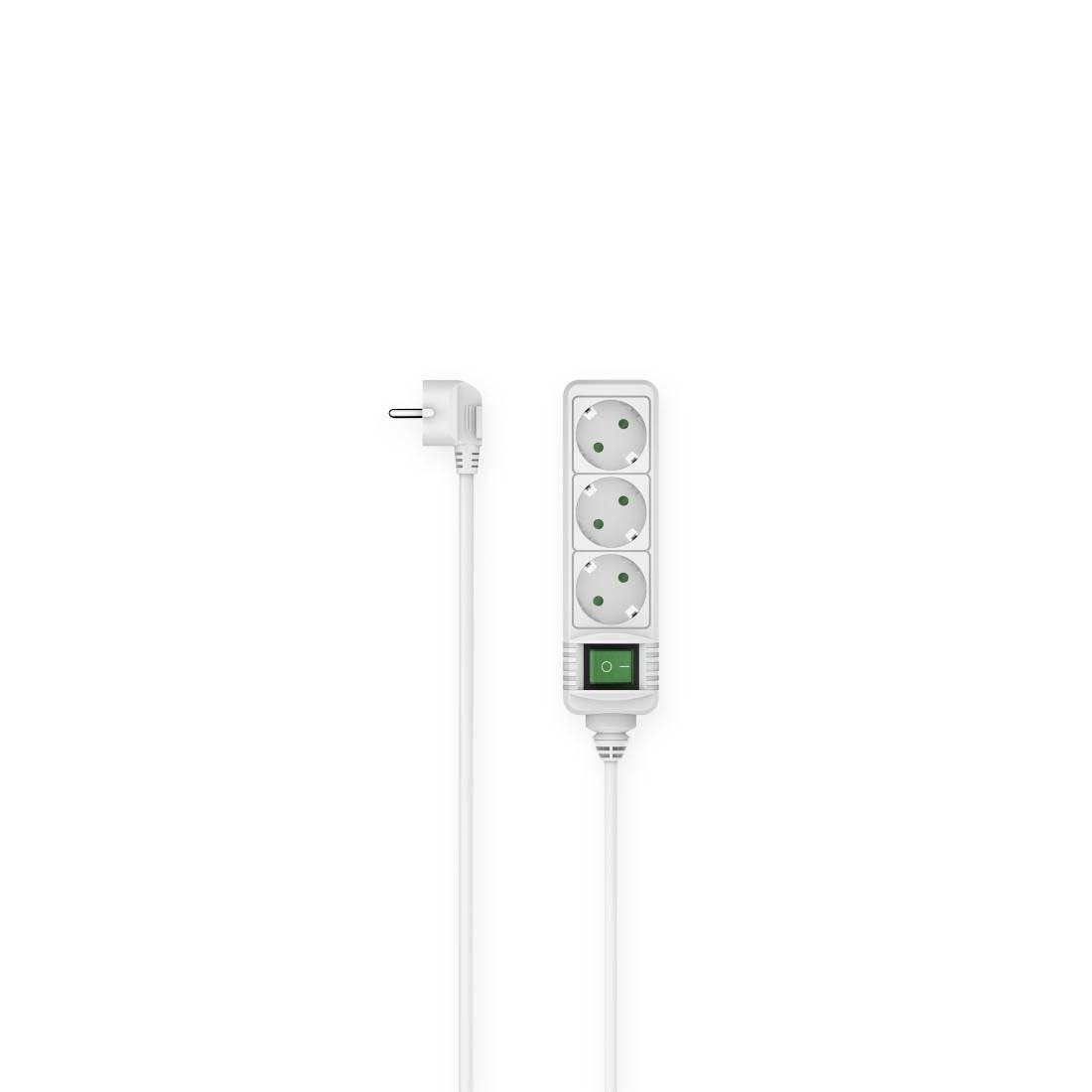 White multi-socket extension lead with three plug sockets and a green power switch, connected by a long cable.