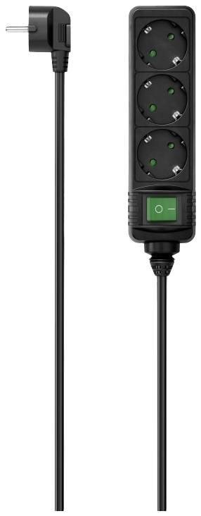 Black power strip with three sockets and an on/off switch, connected to a black cable with a plug.