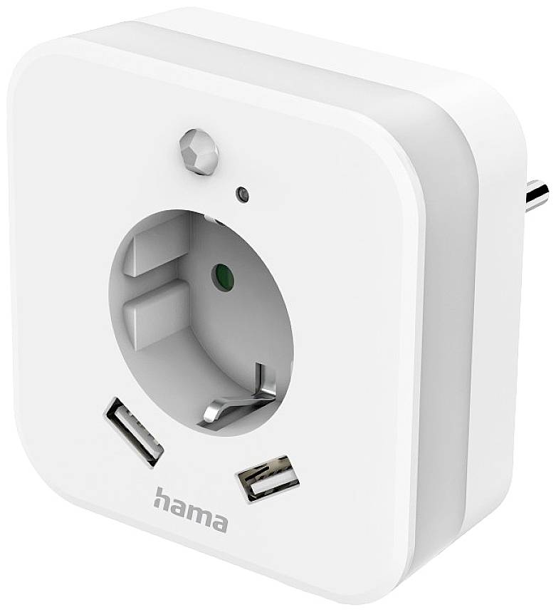 White smart plug socket with USB port, an indicator light, and the inscription 'hama'.