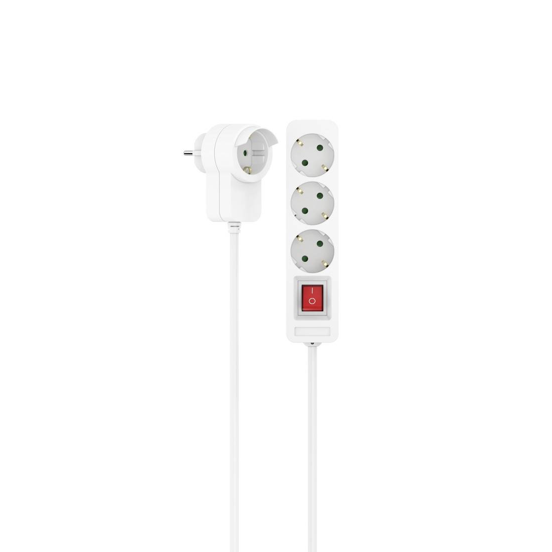 White triple socket extension lead with switch, side plug. Suitable for multiple electrical device connections.