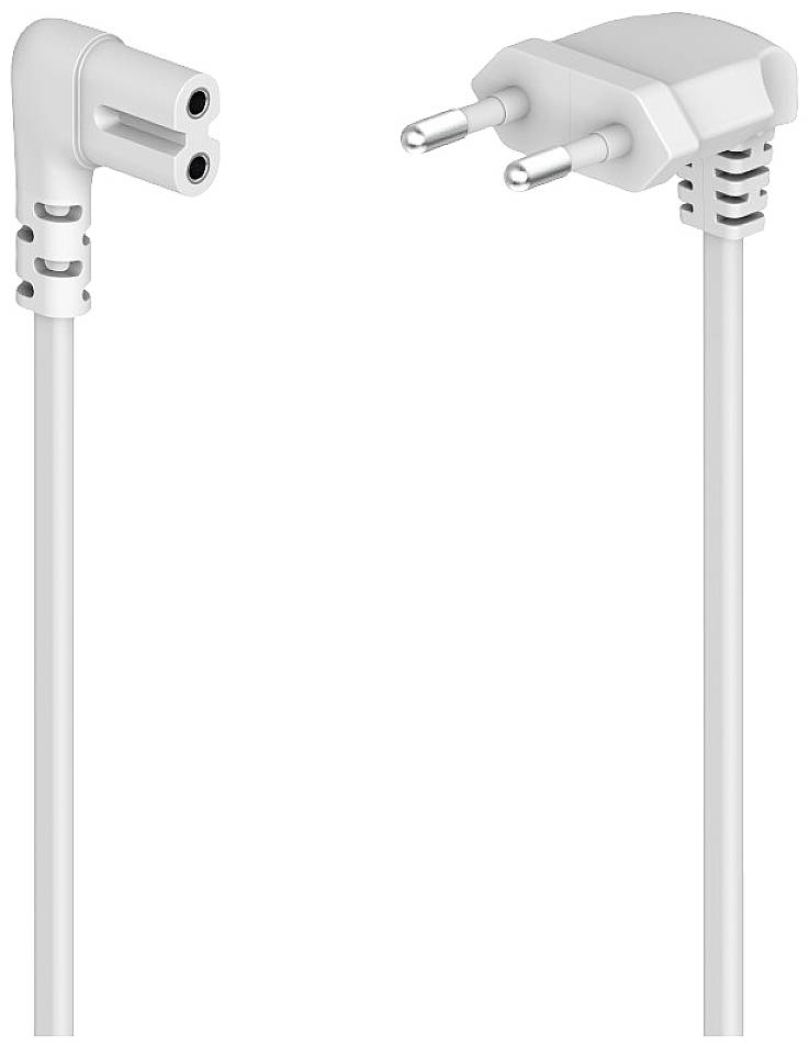 Mains cable with two plugs: on the left an IEC C7 connector and on the right a two-pin European plug. Colour: White.
