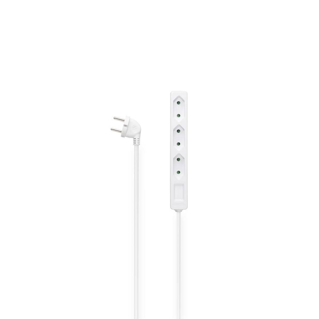 White four-socket extension block with a Schuko plug, arranged vertically.