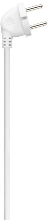 White European plug (Type C) with two pins and a right-angled cable entry, vertically oriented.