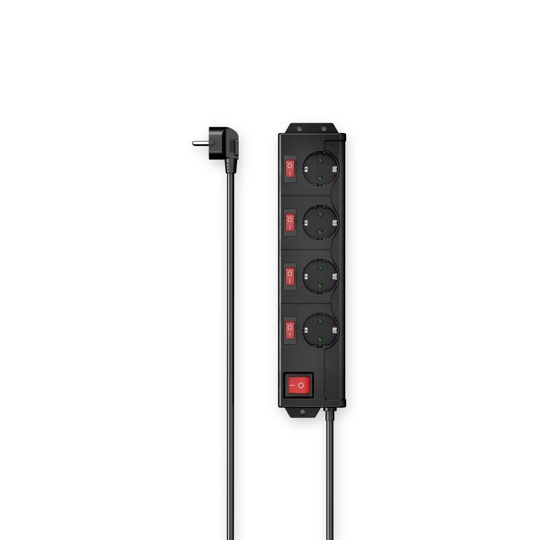 Black multi-socket extension lead with four sockets, each with an individual switch and a master power switch, connected by a cable.