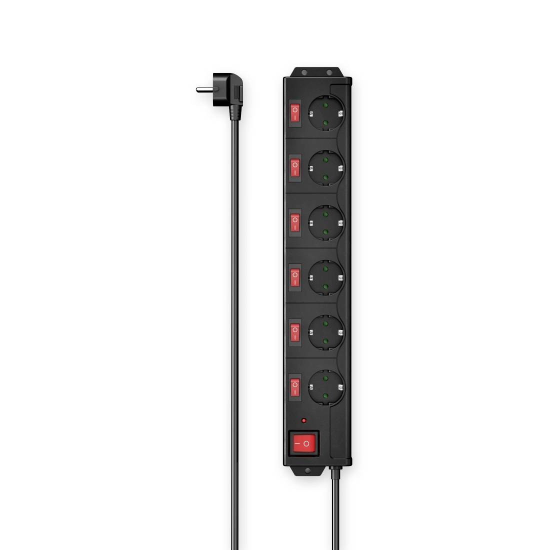 A black power strip with six socket outlets, each individually switchable, and a long cable with an angled plug.