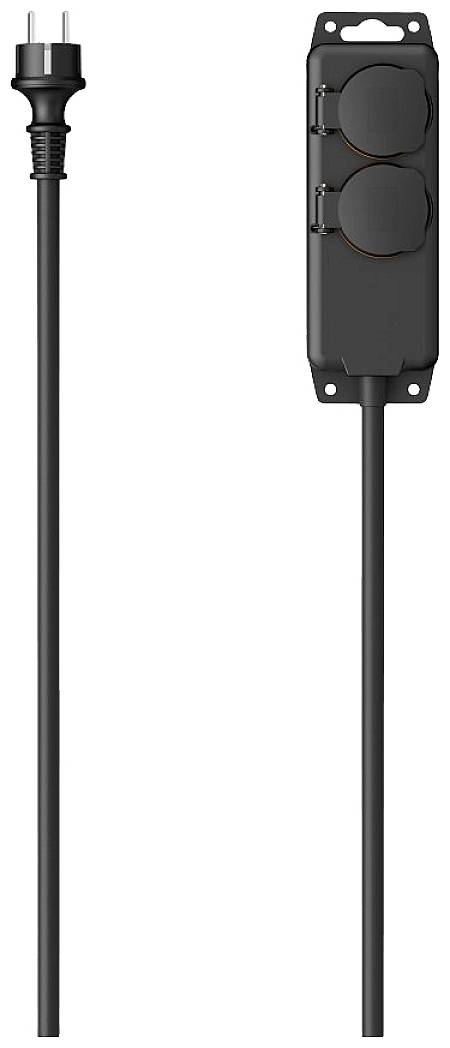 Double socket extension lead with protective covers, black cable, suitable for outdoor use.