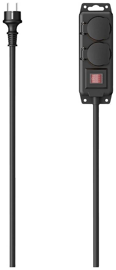 Black power strip with two sockets and a red on/off switch, connected to a long, black mains cable.