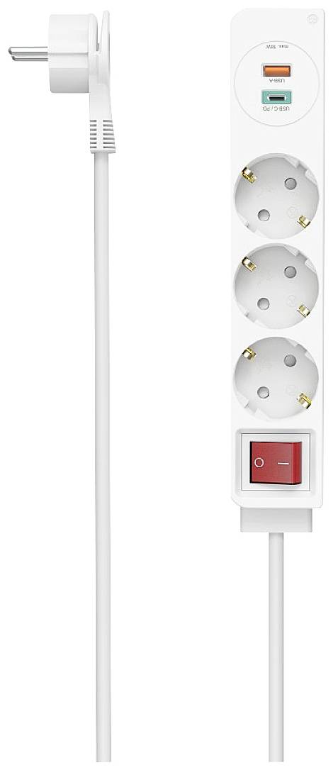 White multi-socket extension with four plug sockets, two USB ports and one USB-C port. Power switch located at the bottom.
