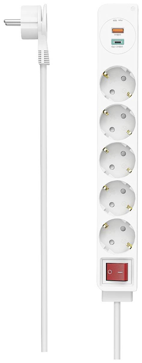 White power strip with six sockets, two USB ports and a red on/off switch, connected to a mains cable.