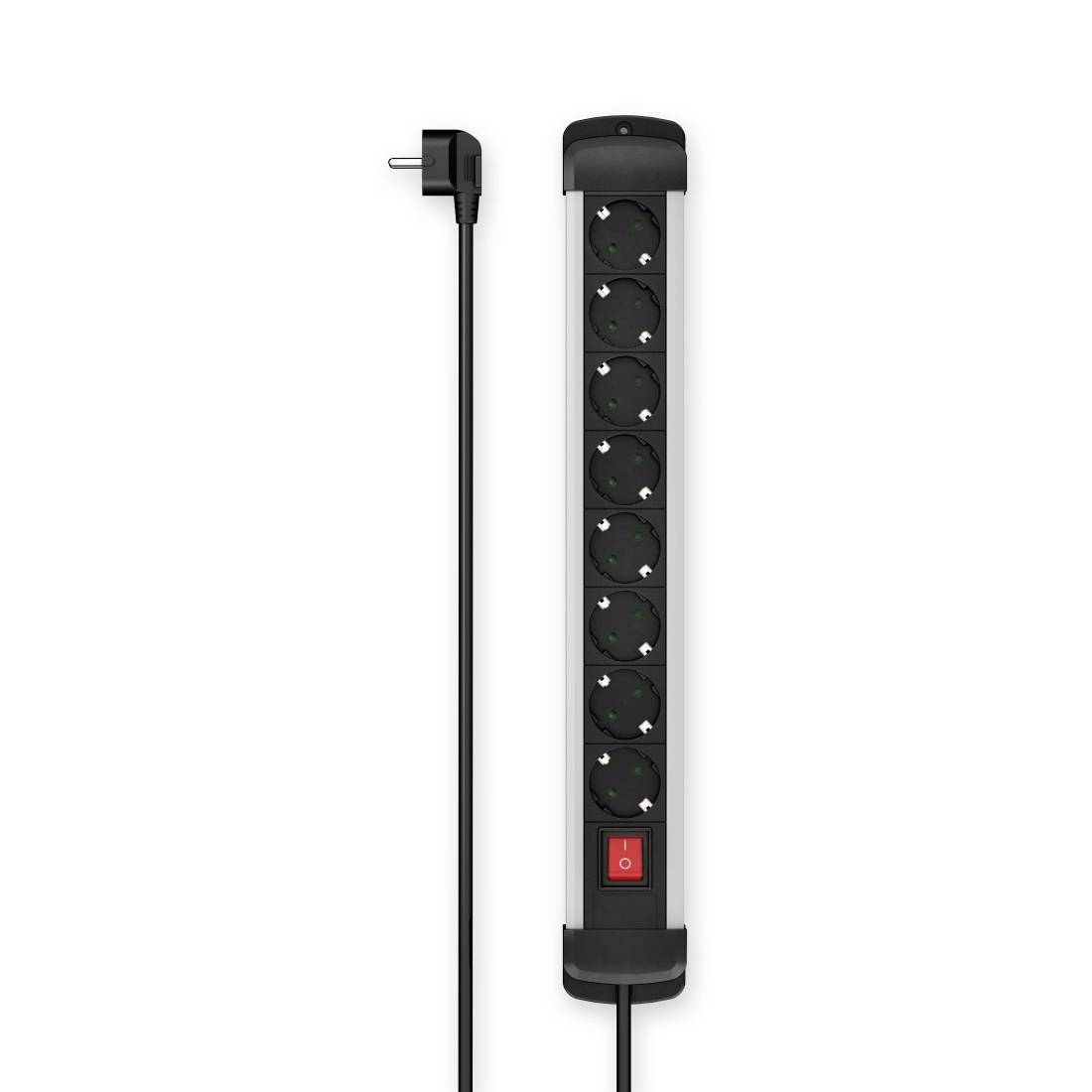 Black power strip with six sockets and a red on/off switch, positioned vertically, with an outgoing cable and angled plug.