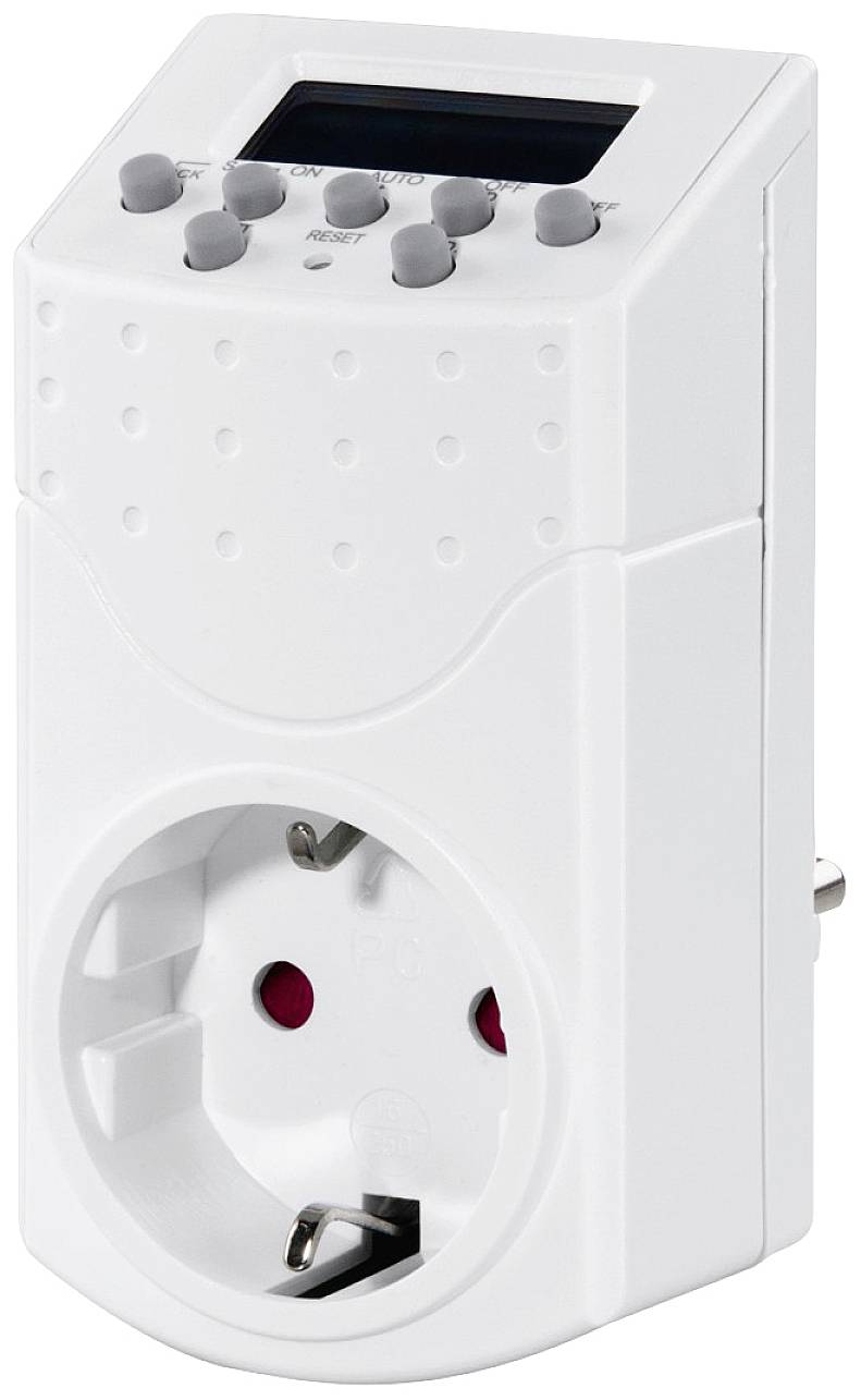 A white digital plug-in timer, with a display and multiple buttons for programming the on and off times of electrical devices.