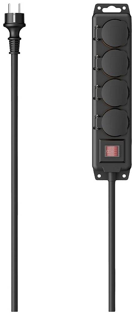 Black multi-socket extension with four plug sockets and an on/off switch, ideal for managing multiple electrical devices.