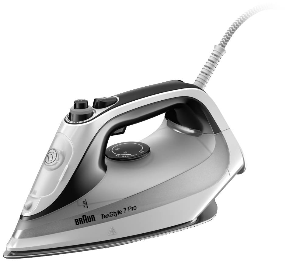 A grey and black steam iron with multiple controls and an ergonomic handle.