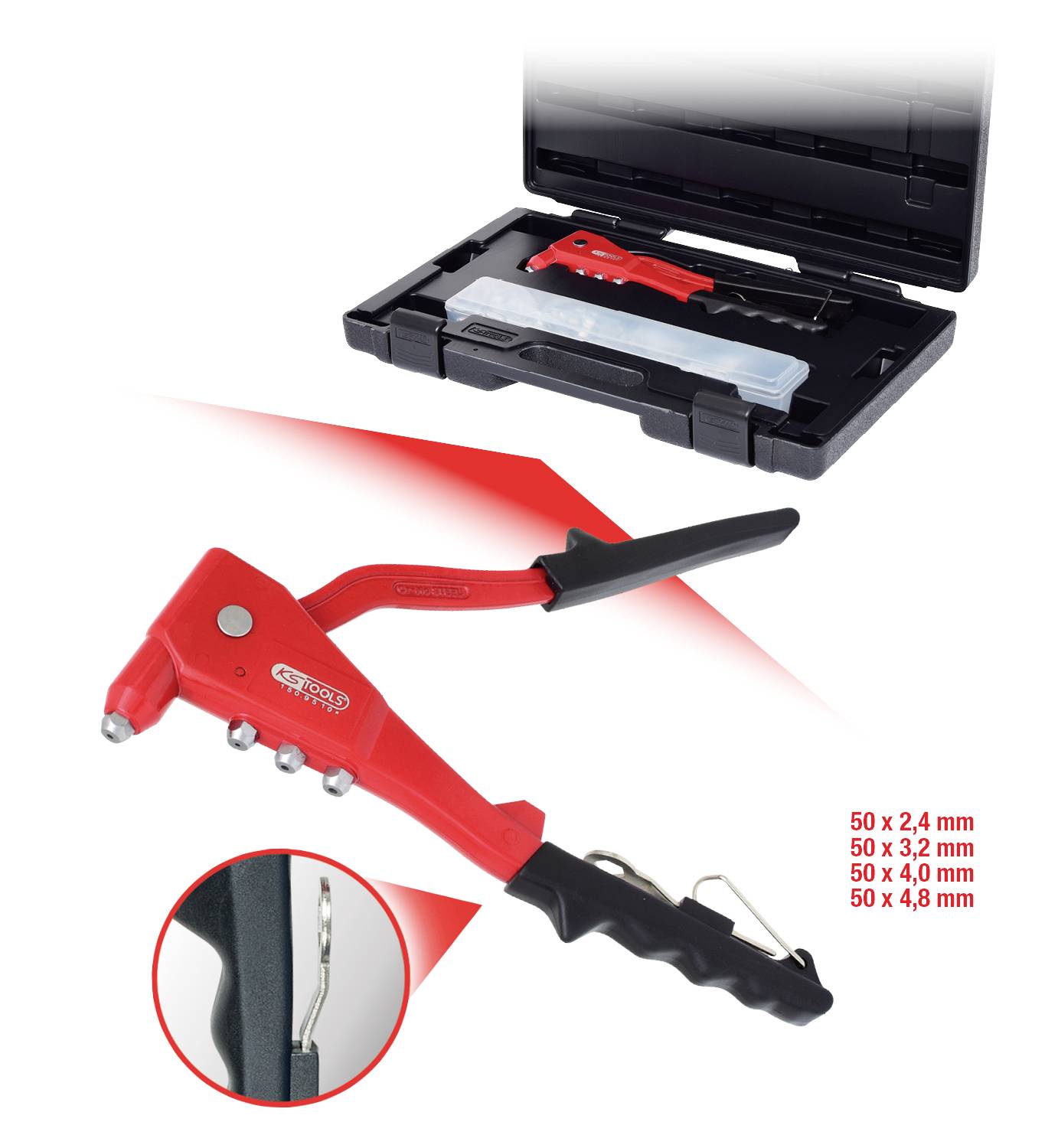 Red pliers and tool kit with various attachments and rivets in a black carry bag for DIY projects.
