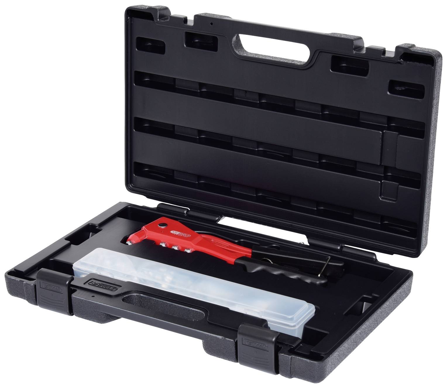 An open toolbox with red hand tools and a plastic container with small parts.