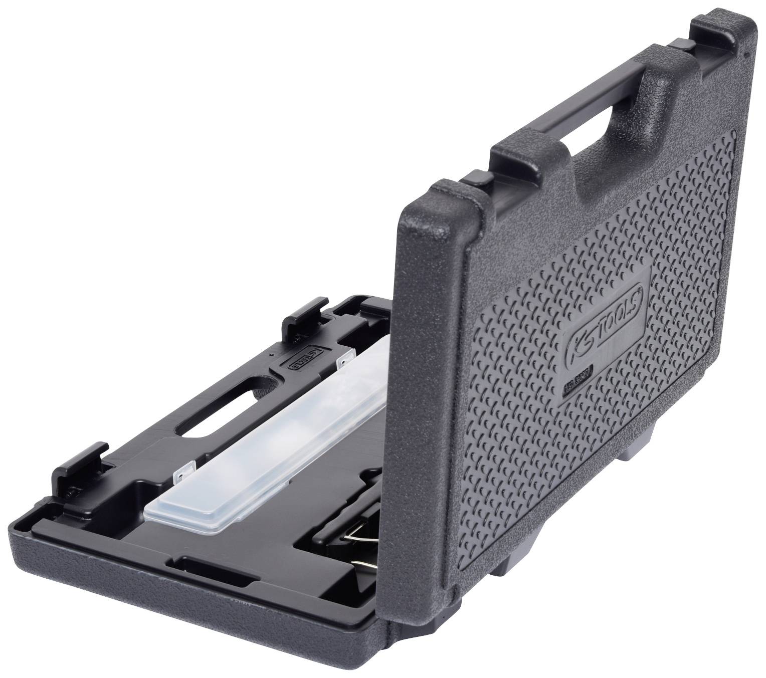 Black plastic toolcase with carrying handle, slightly open. Contains compartments for tool storage. Logo embossed on the front.