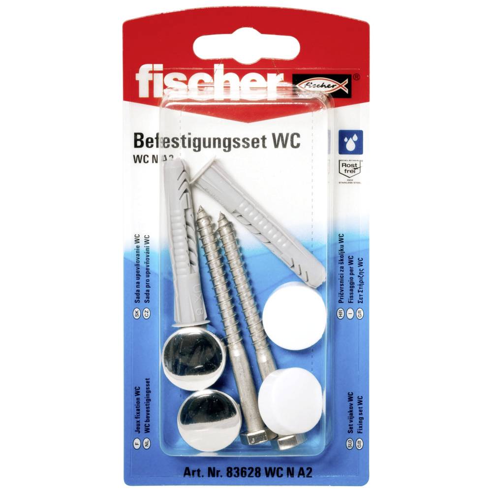 Fischer fixing set for toilet installation, packaged with screws, wall plugs, and cover caps in a blue-red packaging.