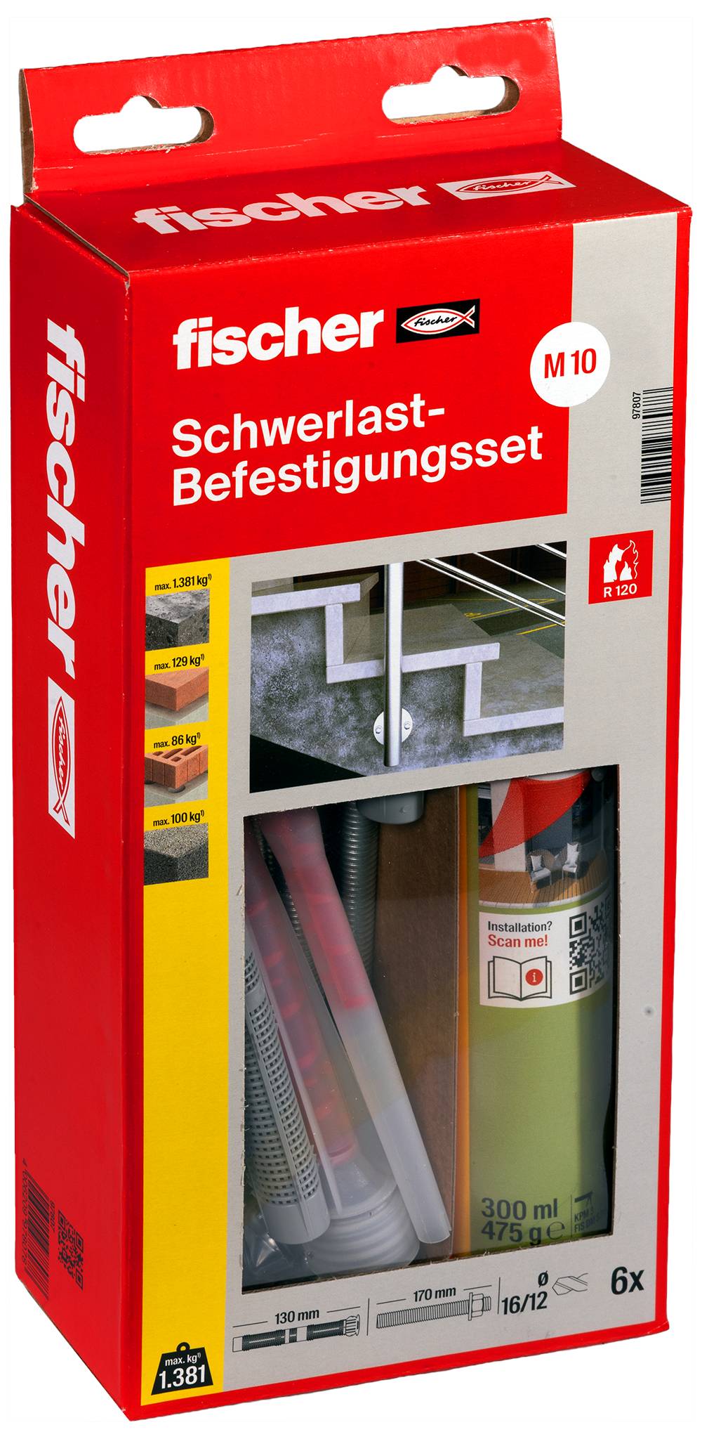 Packaging for a Fischer Heavy-Duty Fixing Set M10, showing the accessories and application possibilities for heavy-duty fixings.
