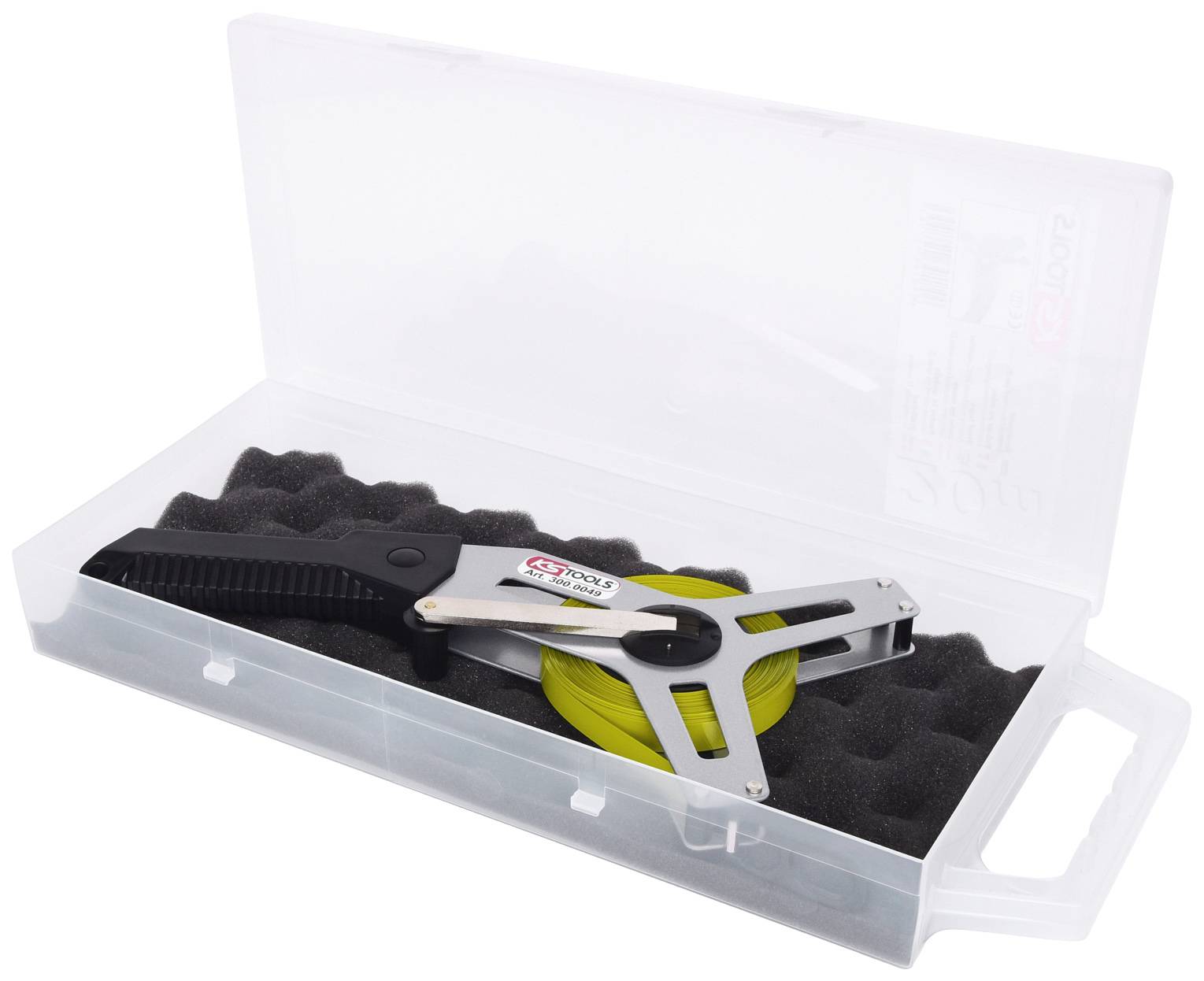 A tape measure in an open transparent plastic case with black foam padding.