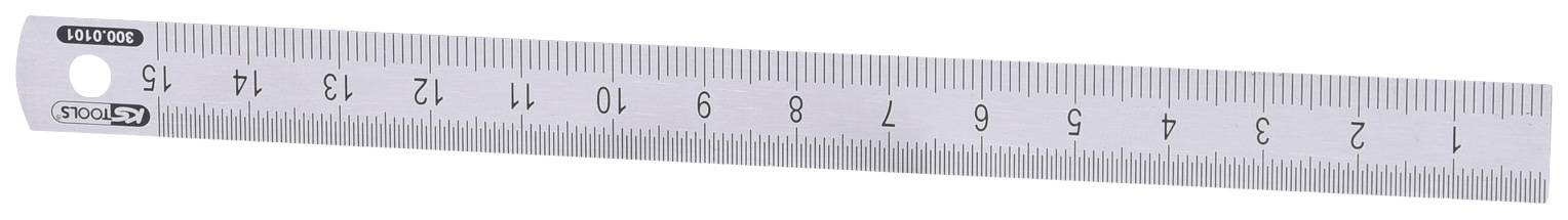 Metal ruler with centimetre and millimetre markings from 1 to 15.