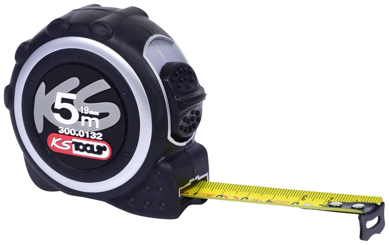 A black 5-metre tape measure with a yellow band is partially extended. Markings and logos are visible on the casing.