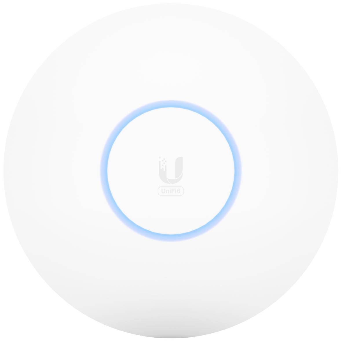 A white, round UniFi Access Point with a blue illuminated ring in the centre.
