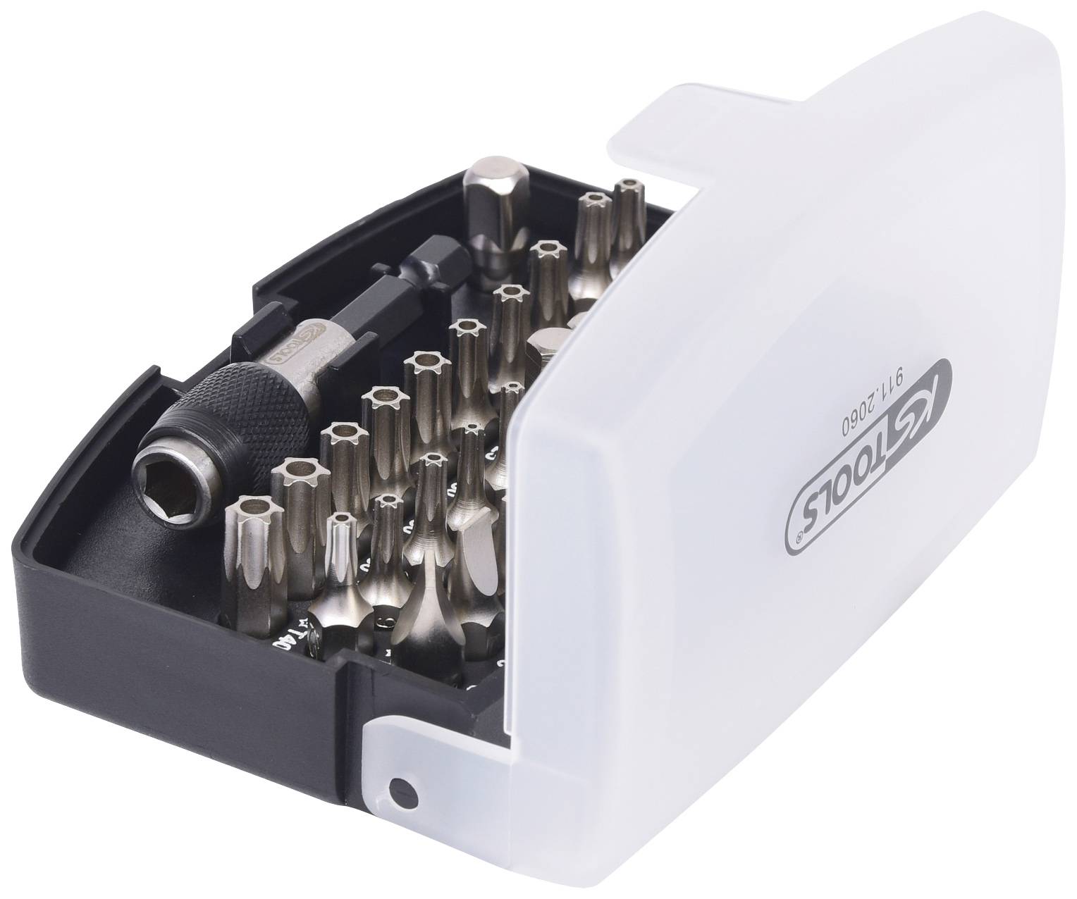 A set of various screwdriver bits in a white plastic box. Box contains multiple bits and a bit holder.