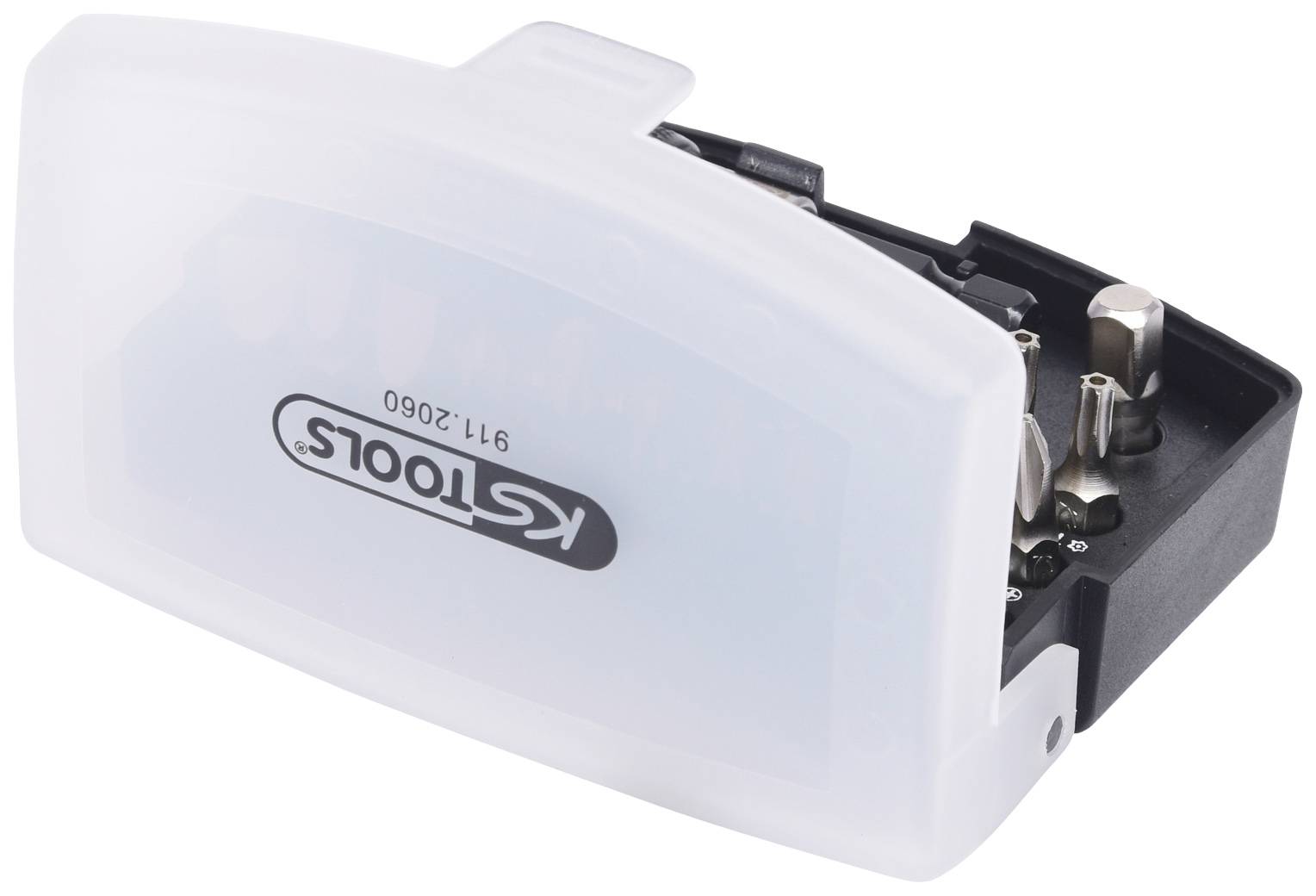 Compact tool set with a transparent lid and various bits, suitable for repair and assembly work.