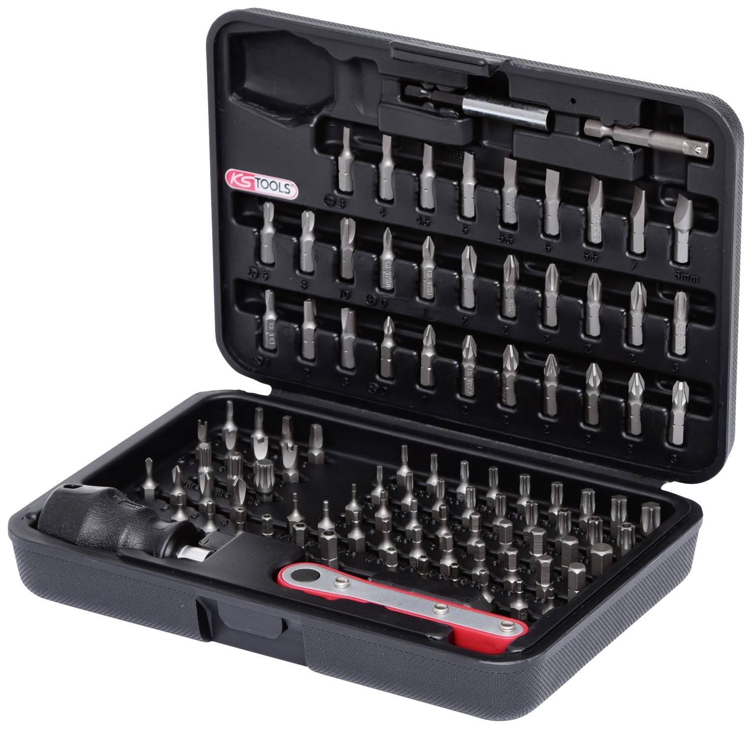 A comprehensive tool case with various screwdrivers and bits, neatly arranged in compartments, with a spanner at the front.