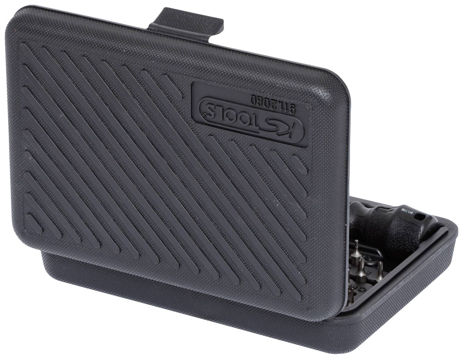 S-Tools toolset in a grey casing, partially open. Contains various small tools, some of which are visible.