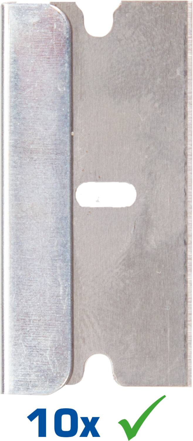 A razor blade with an opening in the middle. Underneath is '10x' in blue text and a green tick mark indicating the quantity.