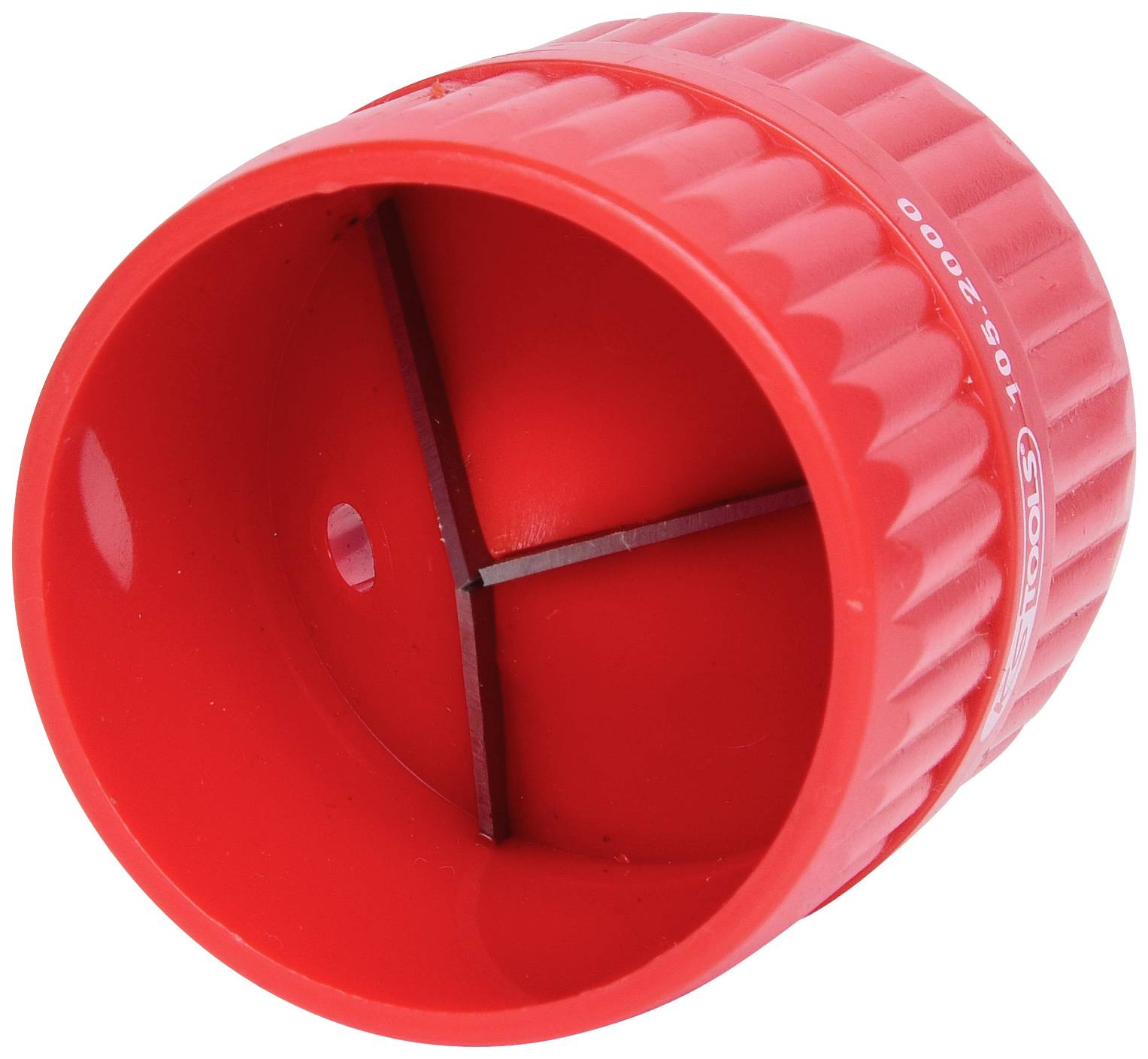 A red pipe deburring tool, typically used for smoothing pipe ends.