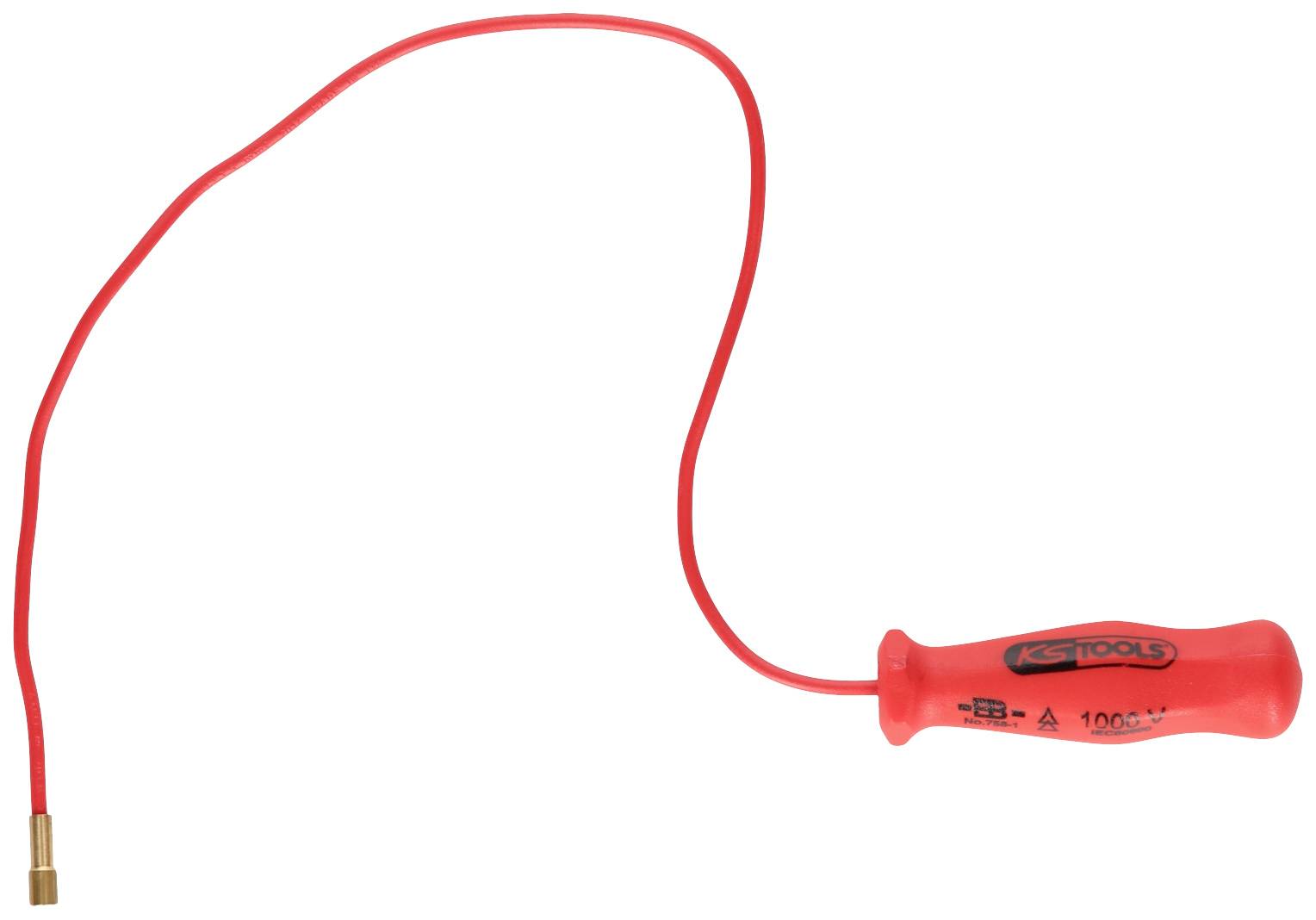 Red voltage testing cable with insulated handle and test probe. Suitable for checking electrical lines for voltage.