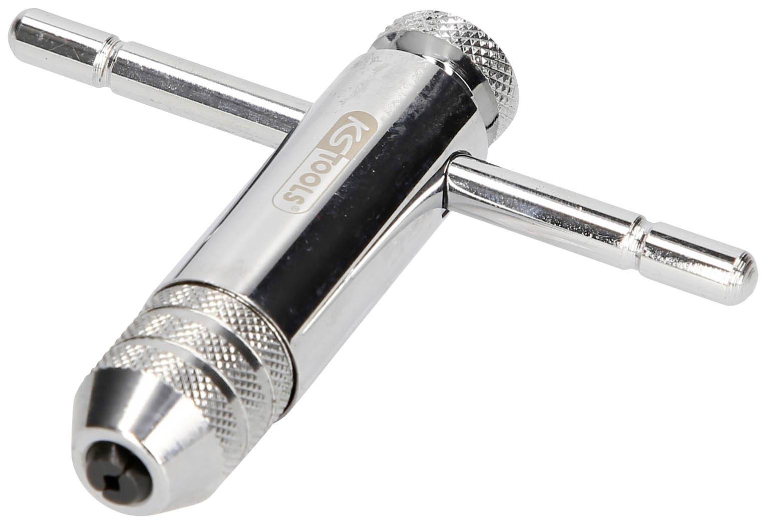 Metallic hand drill with T-handle and adjustable chuck, used to accommodate various drill bit sizes.