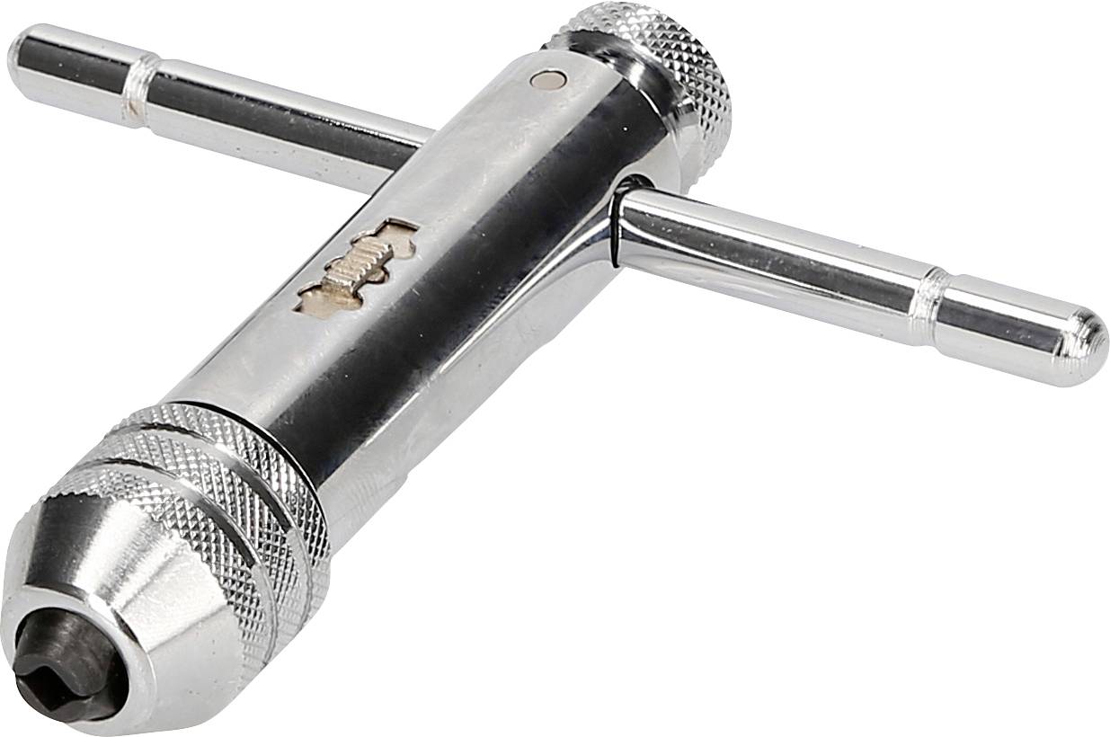An adjustable metal tap wrench with a rotating cross handle for threading taps, set against a white background.