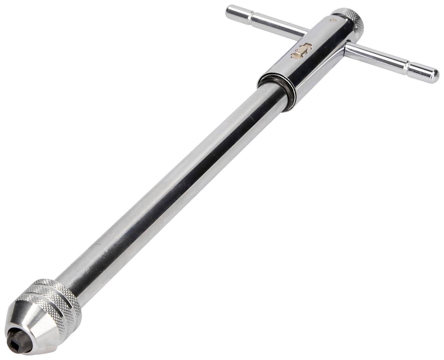 A metal adjustable tap wrench with a rotatable handle and chuck for securing taps, used for manual thread cutting.