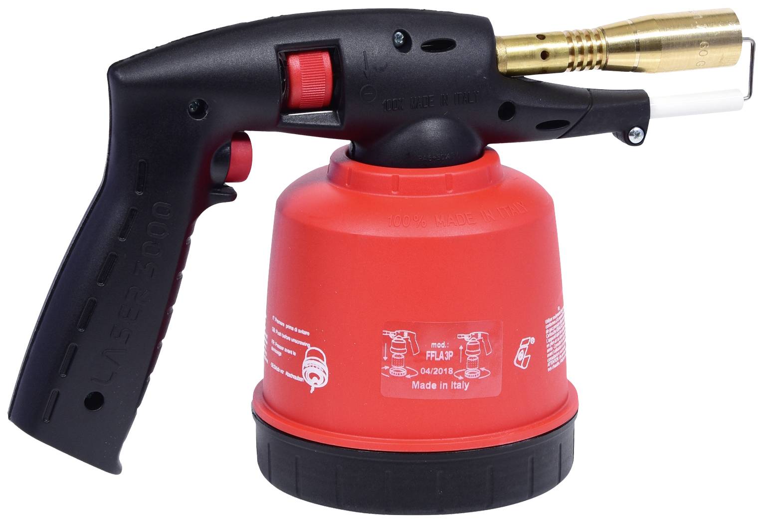 A red gas torch with a black handle and golden nozzle. Ideal for soldering work or lighting barbecues. Manufactured in Italy.