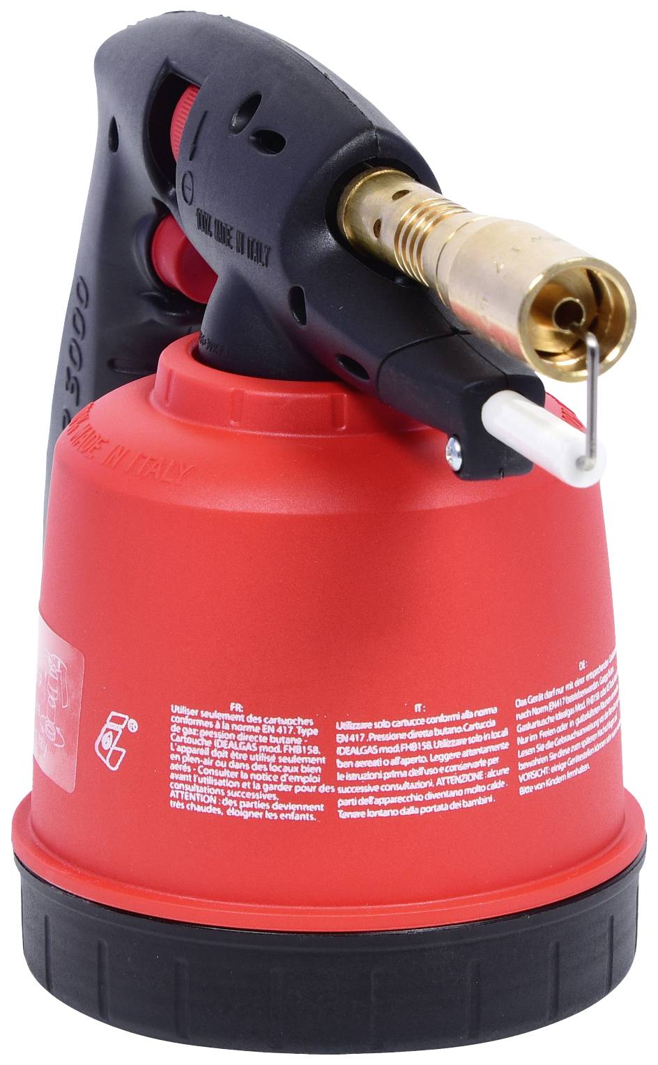 A red gas burner with a black handle and brass nozzle. Suitable for DIY and craft projects.