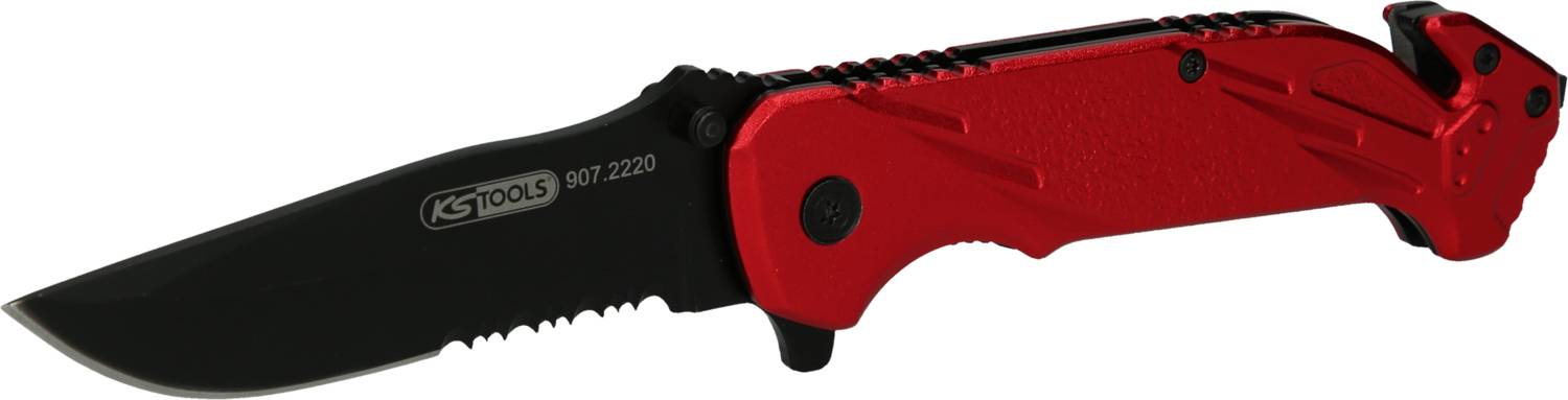 Red multi-functional pocket knife with black, partially serrated blade, suitable for outdoor activities and safety operations.
