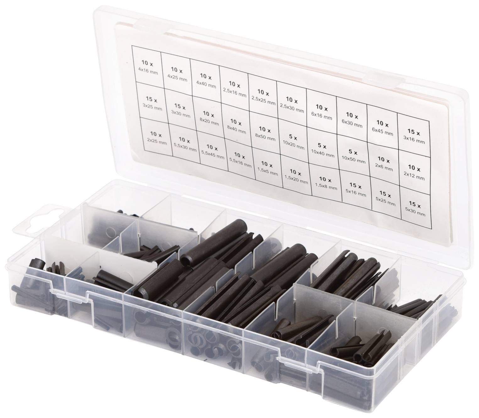 An open plastic box with multiple compartments contains various metal pins. The lid displays an overview of the sizes and quantities included.