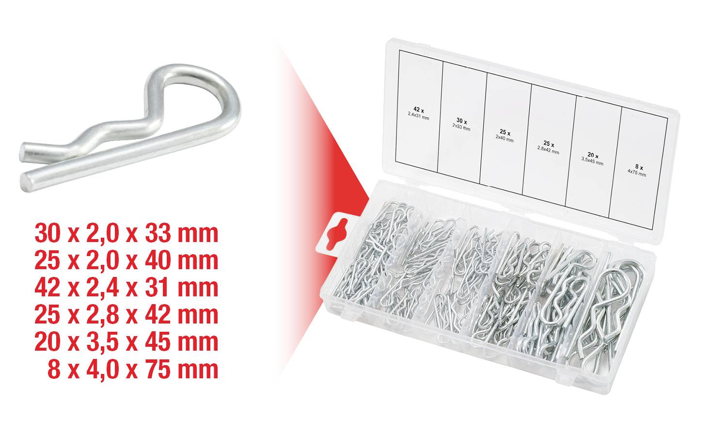 Assortment box with various split pins: 30 x 2.0 x 33 mm, 25 x 2.0 x 40 mm, 42 x 2.4 x 31 mm, 25 x 2.8 x 42 mm, 20 x 3.5 x 45 mm, 8 x 4.0 x 75 mm.