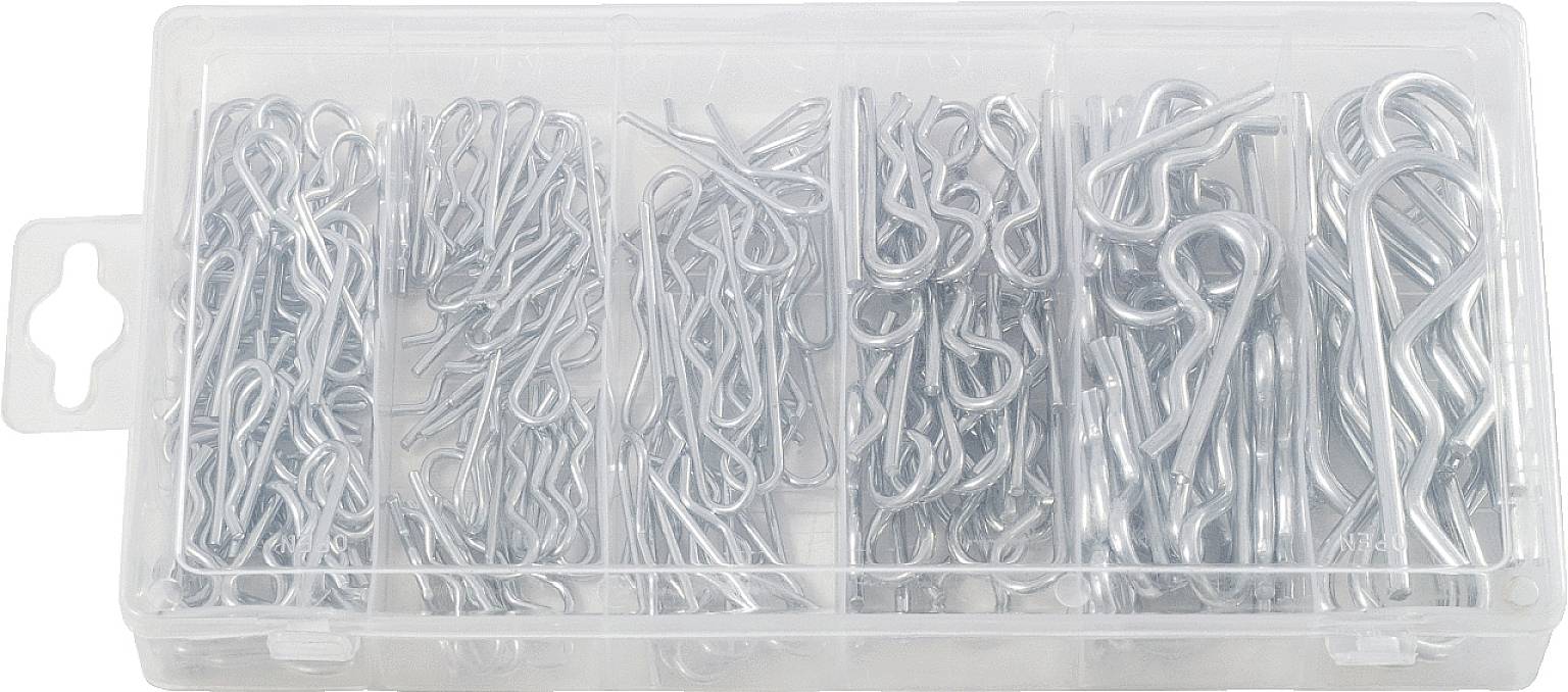 Plastic box containing various silver split pins in multiple compartments.