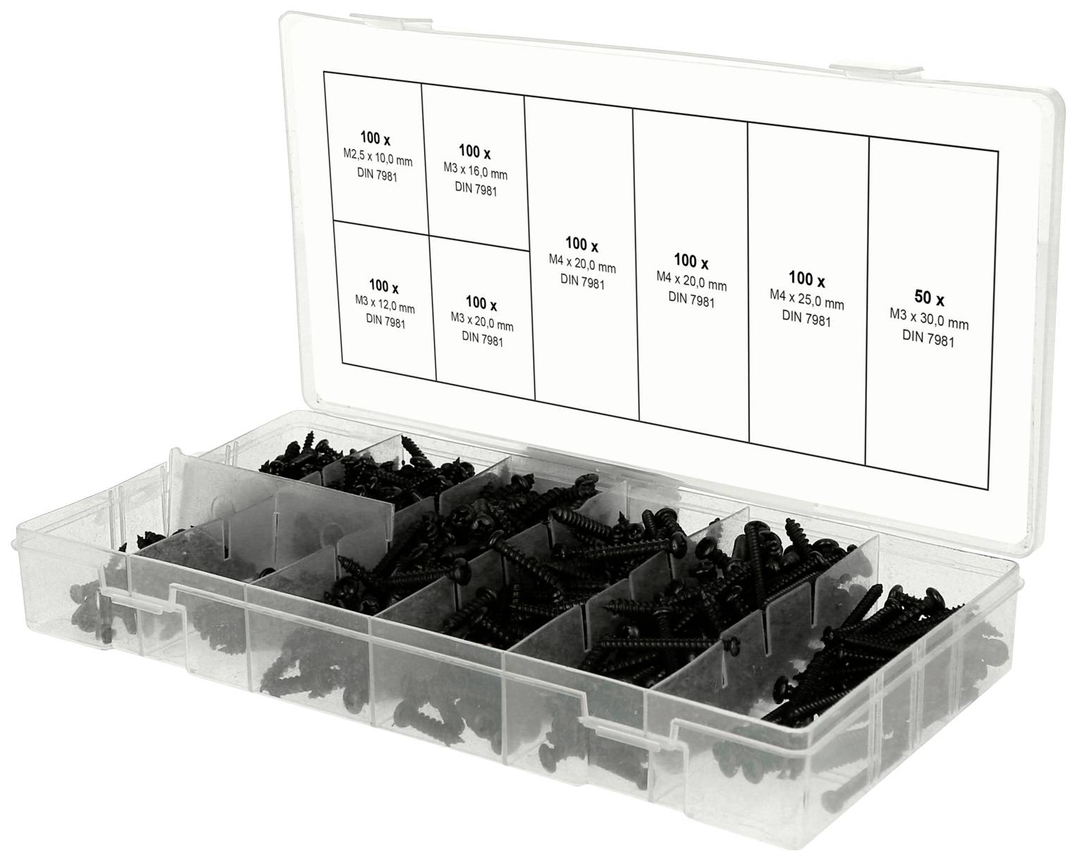 Plastic storage box with compartments, filled with various black screws in multiple sizes. Label indicates quantities and DIN standards.