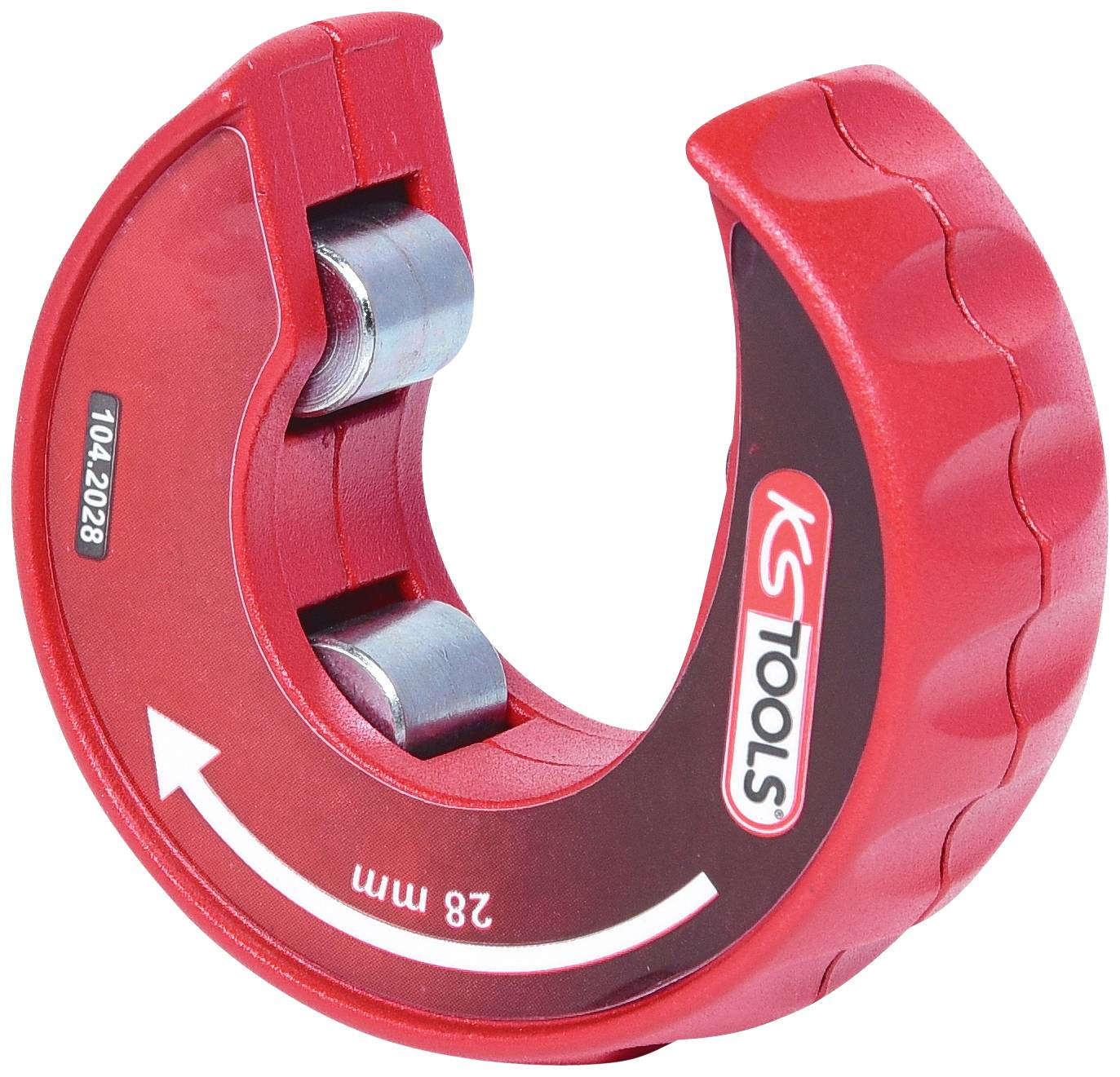 Red pipe cutting tool with the inscription '28 mm' and 'KG Tools'. Used for precise cutting of pipes up to 28 mm in diameter.