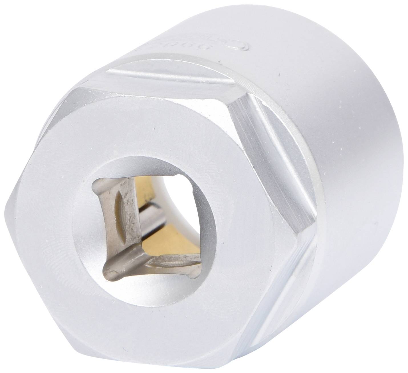 Silver tool base for wheel nuts with a hexagonal shape and a square opening for ratchets.