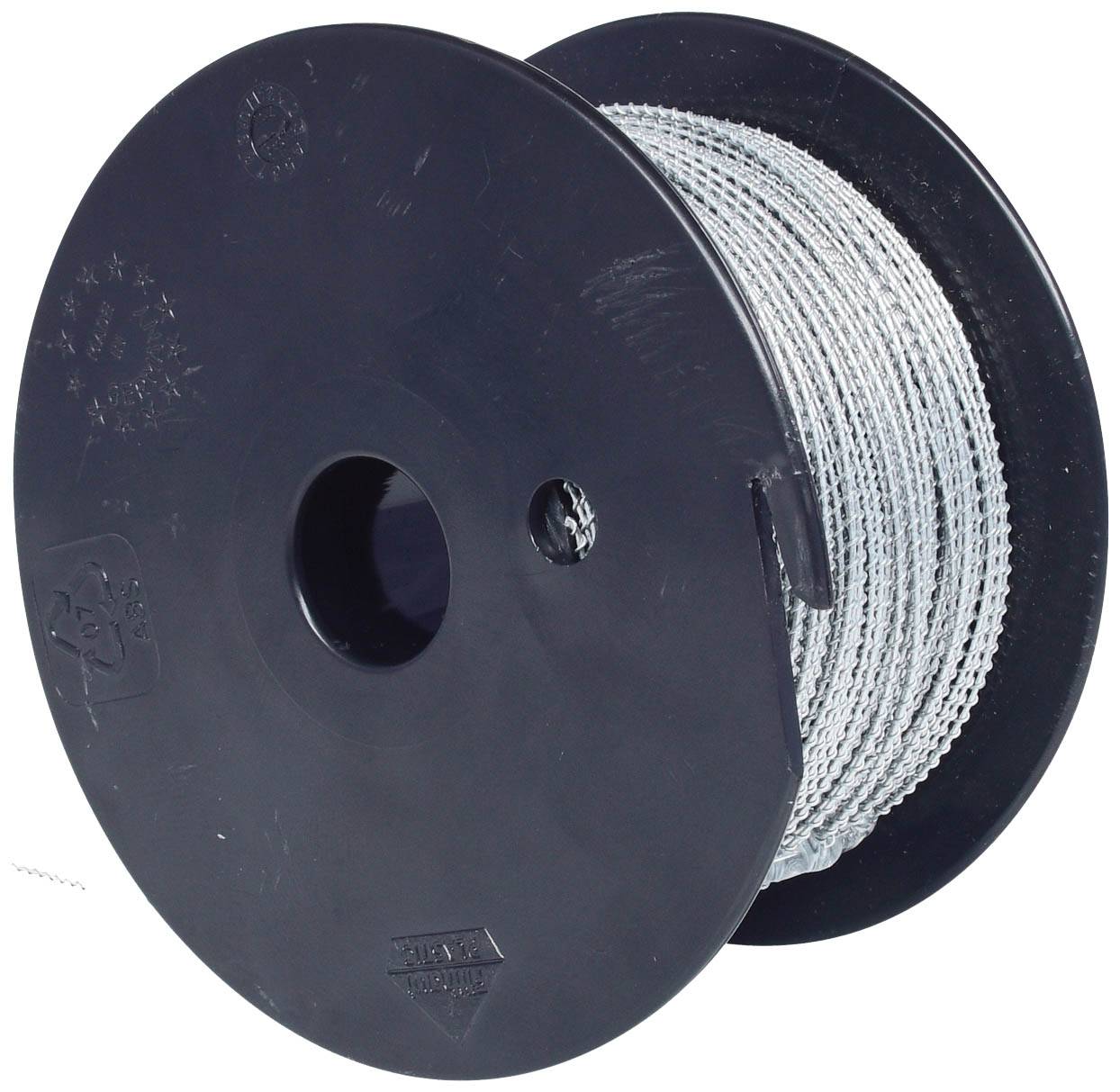 A black plastic reel with a silver wire is fully wound. It has a hole in the centre for mounting.