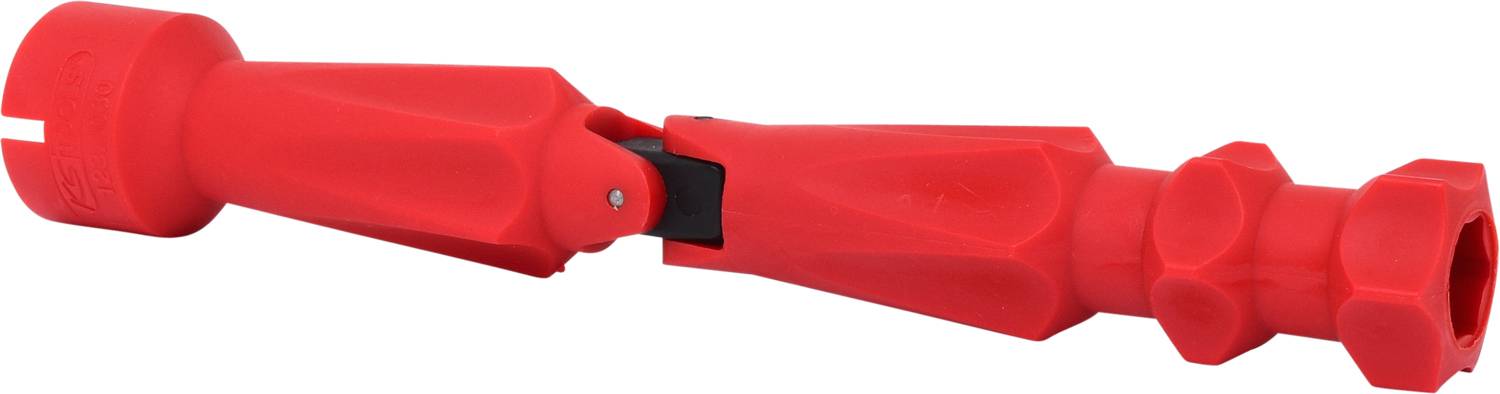 Red plastic spanner for tightening or loosening plastic nuts on taps and sinks.