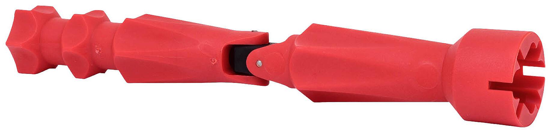 A red, flexible tool with multiple joints and a star-shaped opening at one end. Used for tightening bolts.